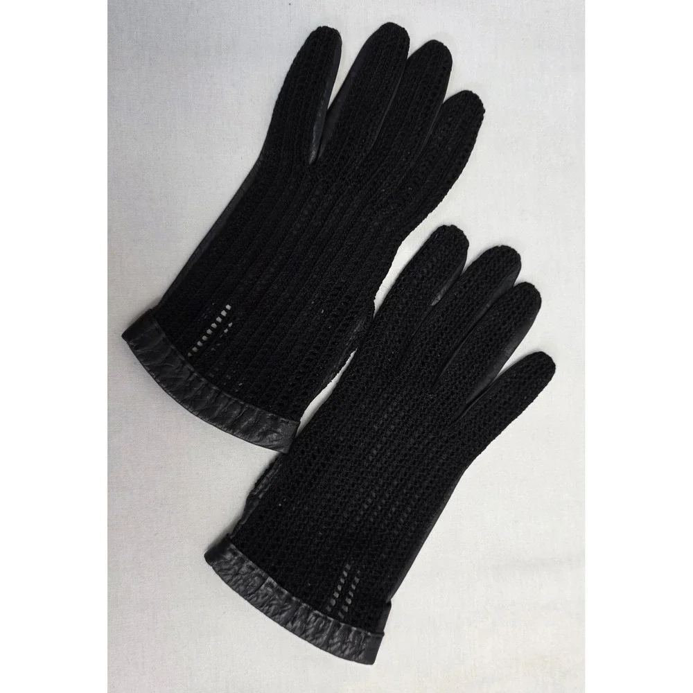 Vintage Style Black Crochet and Leather Driving Gloves Keyhole Back Mens Womens